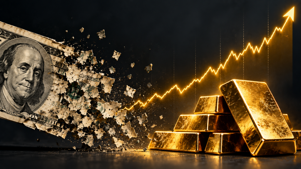 Currency notes fading beside a rising gold price chart