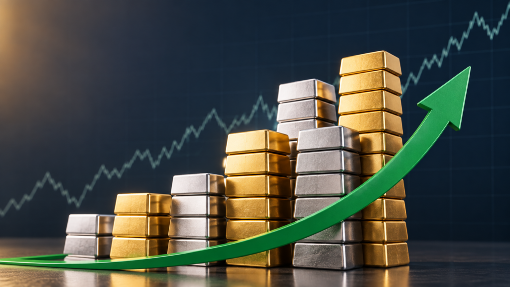 Silver bars beside a gold silver ratio chart