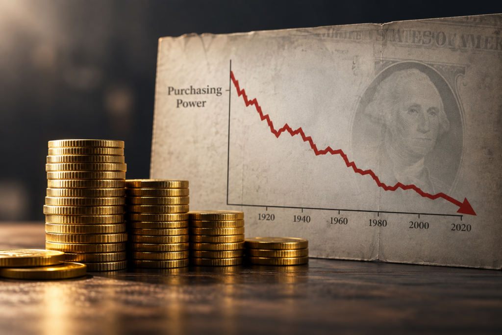 Gold coins beside a declining currency purchasing power chart