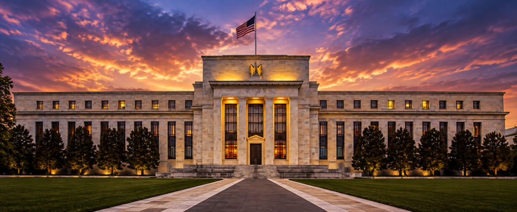 Federal Reserve building exterior with an interest rate chart overlay