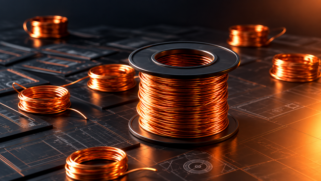 Copper wire spools with an electrical grid overlay